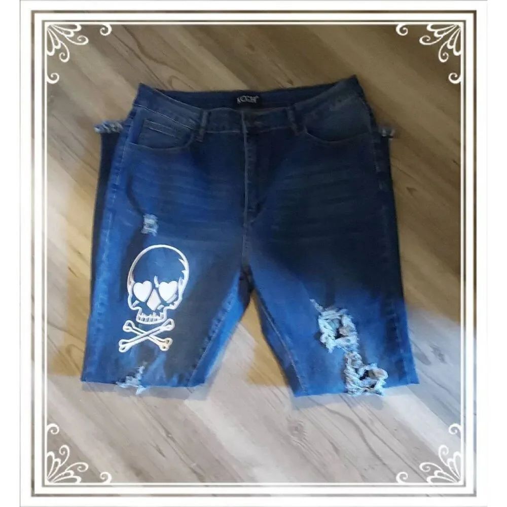 Trendy Skull Design Distressed Straight Leg Fringed Denim Jeans Sz XL